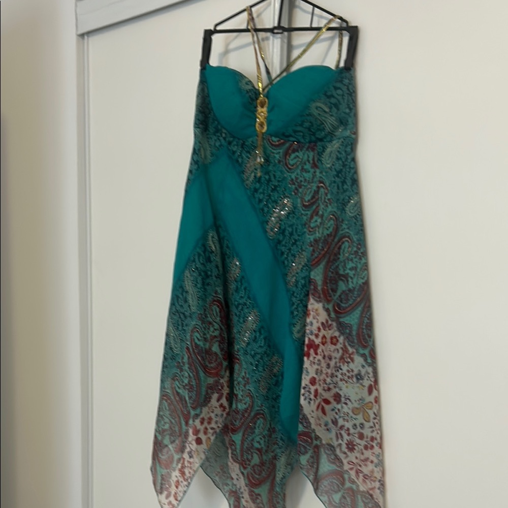 Aqua Sleeveless Floaty Sundress with Gold color details and built in bra. Size M